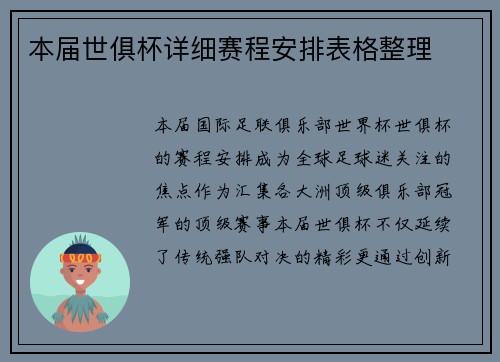 本届世俱杯详细赛程安排表格整理