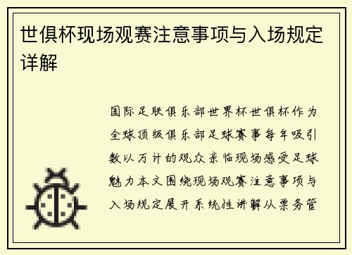 世俱杯现场观赛注意事项与入场规定详解